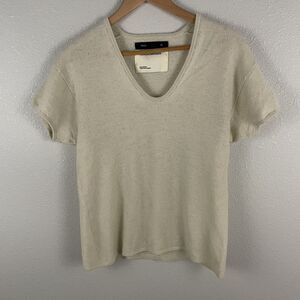 Frenckenberger Womens XL Cream Pure Cashmere Rock Short Sleeve V Neck Top